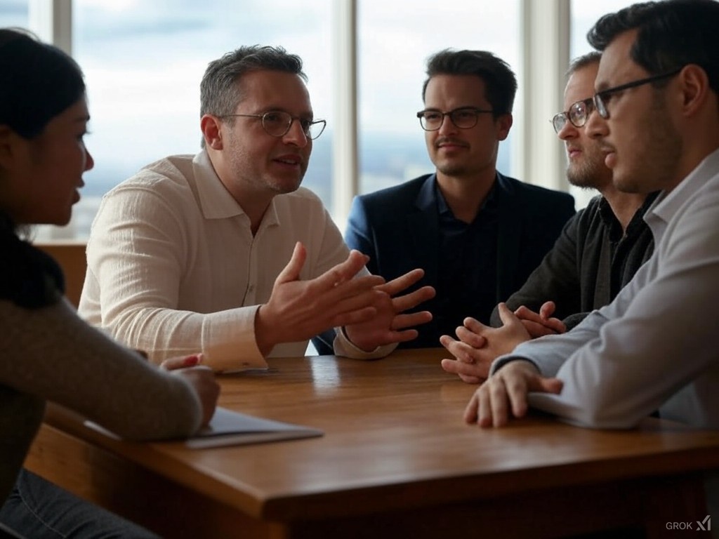 A diverse group of professionals engaged in a serious discussion around a wooden table with a city view.