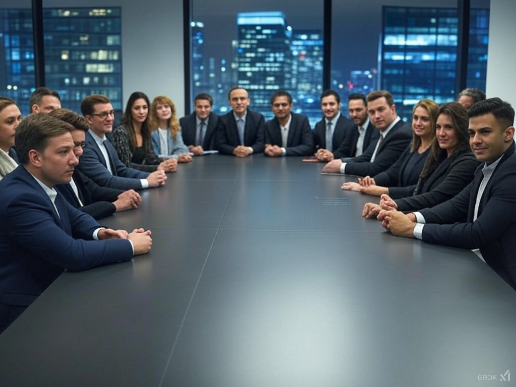 A diverse group of professionals seated at a long conference table with a modern city skyline visible through large windows at night.